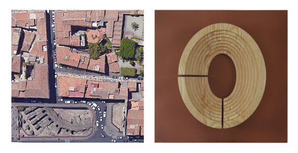 Anfiteatro di Catania “PER ME CIVITAS CATANENSIUM SUBLIMATUR A CHRISTO” (foto Google Earth)