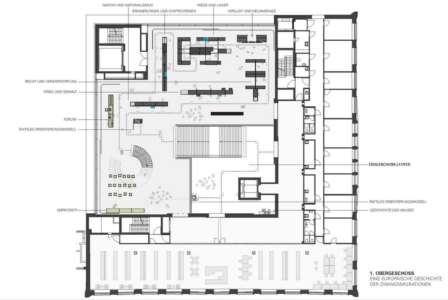 Pianta primo piano con l'allestimento (Atelier Brückner)