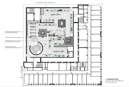 Pianta secondo piano con l'allestimento (Atelier Brückner)