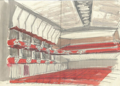 Bozzetto della sala del Teatro Ariston a Sanremo (1959, © Archivio Lavarello)