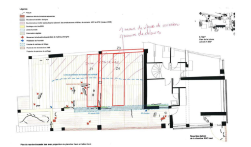Pianta del piano terra con rilievo dei danni e del posizionamento della diagnostica (Direction générale des patrimoines, Note scientifiqueBe-19-12 del 17 maggio 2019)