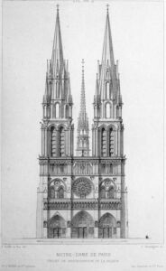 Progetto di trasformazione del massiccio occidentale di Notre-Dame de Paris, incisione di Viollet-le-Duc, in Entretiens sur l’architecture, Paris, 1863, tavola 68 (© Bnf Gallica)
