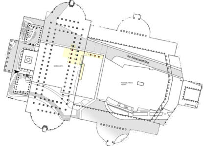 Planimetria del foro di Traiano sovrapposto al tessuto urbanistico attuale. In giallo il settore della basilica coinvolto dal progetto (@Comune Roma)