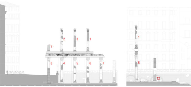 Prospetto ricostruttivo della navata principale con fregio con Vittorie Tauroctone e prospetto laterale (@Comune Roma)
