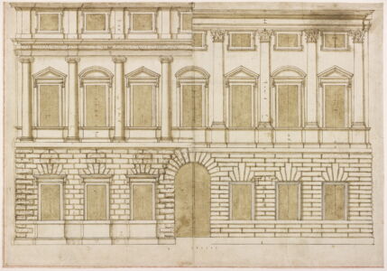 Andrea Palladio, Palazzo Porto, Vicenza: due varianti per la facciata, seconda metà anni Quaranta del XVI secolo, inchiostro ferrogallico, penna e pennello su carta, parziale bordatura a inchiostro rosso, Riba Collections, Londra (© Riba Collections)