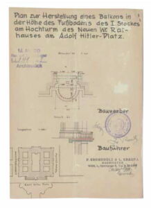 Johannes Cech. Progetto per un balcone sulla torre del municipio, 1938 (© MA 37, Archiv der Baupolizei)