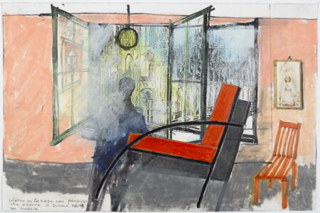 Aldo Rossi, Interno milanese con persona che
osserva il Duomo con nebbia, 1989. Collezione
privata (© Eredi Aldo Rossi, courtesy Fondazione
Aldo Rossi)