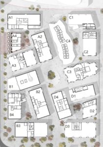 La suddivisione degli interventi in base al masterplan: A1-D4 Barozzi Veiga; A2-B2 6a Architects; A3-B3 Adam Khan Architects; A4-B4 David Kohn Architects; B1-C4 SelgasCano; C1-D1 Architecture 00; C2-D2 Mole Architects; C3-D3 HNNA