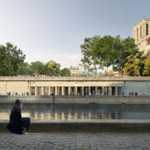 Vista del sagrato dal altra riva del fiume, con le aperture praticate nella banchina, che che illuminano la galleria sotterranea (© Bas Smets)