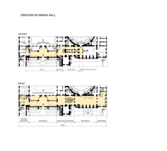 Dettaglio del grand hall, stato di fatto e progetto (© Gaudin Architectes)