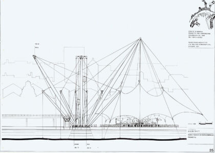 Renzo Piano Building Workshop,
prospetto dell'ascensore Bigo
(Biblioteca della Scuola Politecnica, Archivio di architettura, Università di Genova)