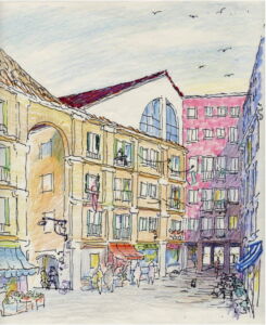 Schizzo delle nuovi corti interne. Intervento di recupero e ristrutturazione ad uso residenziale degli ex granai alla Giudecca, Venezia, 1984 circa (© Università Iuav di Venezia, Archivio Progetti, fondo Giorgio Bellavitis e Nani Valle)