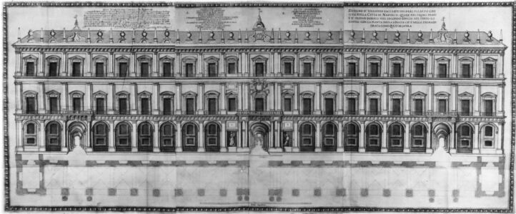 9) Domenico Fontana (dis.), Johannes Eillarts (inc.), Disegno d’una delle facciate del Real Palazzo che si fa nella città di Napoli, 1606, incisione (Madrid, Biblioteca Nacional de España)