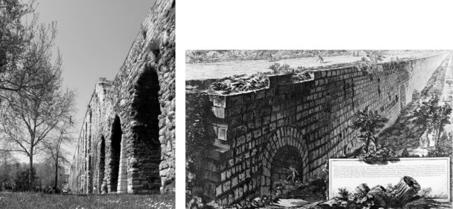 Immagine comparativa dell’Acquedotto di Valente e della sostruzione di Ariccia (da Piranesi), composizione a cura dell’autrice
