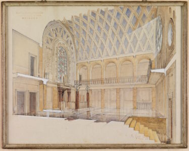 Ing. Guido Muggia, Sinagoga di Bologna, prospettiva interna Bologna, 1951, Acquerello su cartoncino 32,5 x 41 cm, Collezione Avv. Muggia