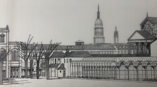 Vista prospettica da sud-ovest del nuovo progetto (Zanuso-Crescini, 1984)