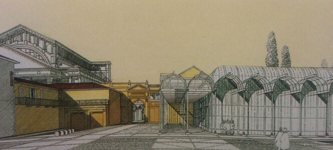 Vista prospettica da piazza Puccini del nuovo progetto (Zanuso-Crescini, 1984)