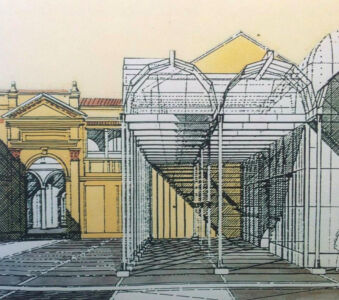 Vista prospettica del porticato e del nuovo ingresso al Vescovado (Zanuso-Crescini, 1984)