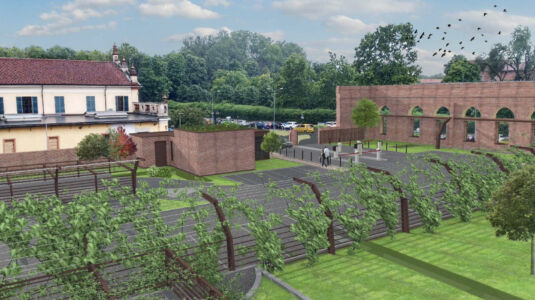 Rendering di progetto. Vista prospettica da nord-est del nuovo parcheggio e della cortina ottocentesca. (Studio ingegneria civile Dellagiacoma, 2020)