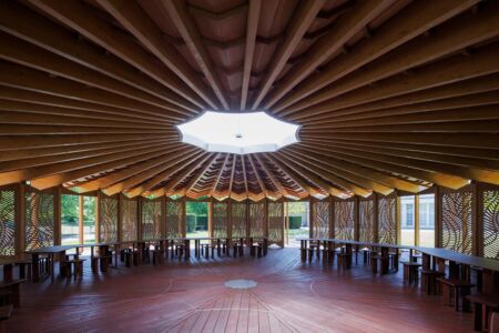 Serpentine Pavilion 2023 designed by Lina Ghotmeh © Lina Ghotmeh - Architecture. Photo: Iwan Baan, Courtesy: Serpentine