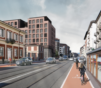 Lungo via Nizza: una parte dello studentato e, in primo piano, il recupero di una preesistenza