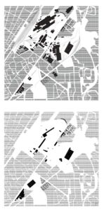 In alto, l’area Falck nel 1975; sotto, l’area ex Falck nel 2007