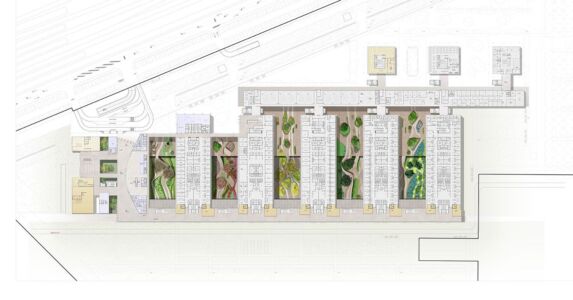 Planimetria della Città della Salute con evidenziati i cinque giardini (credits, © Mario Cucinella Architects)