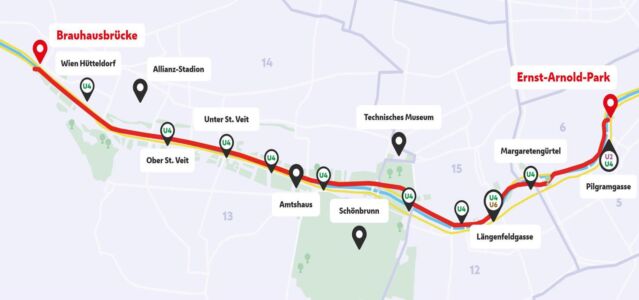 Tracciato Wiental Kanal e percorso metropolitana (© Wien Kanal-A. Steinberger ÖGL 2023)
