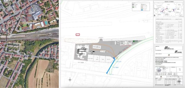 A sinistra: foto satellitare del sito di via Ca’ Alte-via Maganza, nel quartiere dei Ferrovieri (Google Earth). A destra: Iricav Due-RFI, progetto definitivo del Cantiere Industriale via Maganza C.I.02. Documento pubblico e visionabile nel sito del Comune di Vicenza