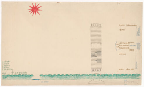 Amancio Williams, Elevazione per La ciudad que necesita la humanidad, Argentina, 1971. Inchiostro colorato e matita colorata su carta. Fondo Amancio Williams, CCA. Dono dei figli di Amancio Williams (© CCA)