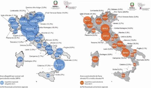 Percentuale di aree allagabili per scenari di pericolosità media e aree a pericolosità da frana elevata e molto elevata (fonte: ISPRA – Istituto Superiore per la Protezione e la Ricerca Ambientale)