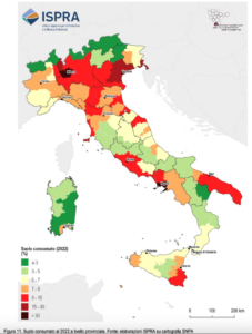 Indicatori di consumo di suolo consumato al 2022 a livello provinciale. Elaborazioni ISPRA su cartografia del Sistema Nazionale per la Protezione dell'Ambiente (© SNPA)
