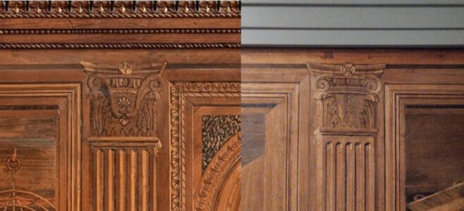 Studiolo di Urbino, schema con il confronto tra prima e dopo il restauro 2025 (immagine fornita da Forum Bramante)