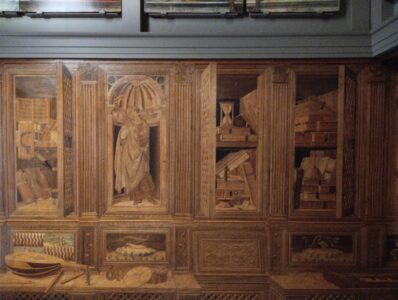 Studiolo di Urbino, particolare del restauro 2025 (immagine fornita da Forum Bramante)