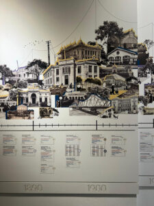 Esempi del patrimonio edilizio costruito dalla colonizzazione francese a Hanoi durante i decenni, in mostra presso il centro di documentazione sull’Hanoi capitale dell’Indocina Francese.