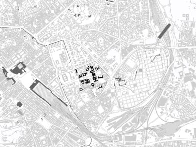 Inquadramento urbano della Città Universitaria (in nero gli edifici al 1935), elaborato di Guia Baratelli (2019)
