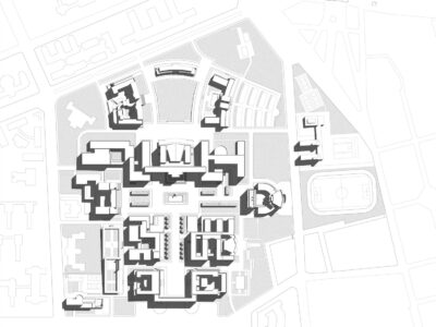Planivolumetrico della Città Universitaria al 1935, ricostruzione grafica di Guia Baratelli (2019)