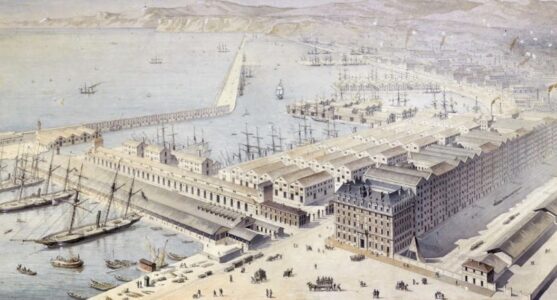 Veduta del molo-magazzino della compagnia fondata da Paulin Talabot, incisa da Desplaces e Bouchaud, 1864 (© Città di Marsiglia)