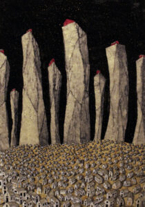 Alberto Ferlenga, I guardiani della città, 90x80cm, stilografica, china e acquerello su carta lucida, 2025