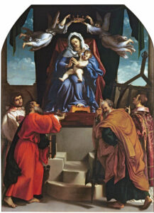 Opere della Pinacoteca Civica di Ancona: Lorenzo Lotto, Madonna con Bambino, Angeli e SS. Stefano, Giovanni Evangelista, Simone Giuda e Lorenzo (Pala dell’Alabarda), olio su tela