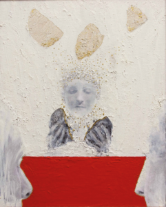 Carlos Lalvay Estrada, “LA CENA DI EMMAUS”, Foglie d’oro, pastelli ad olio, acrilico,
matita, carta su tela (© Atelier Sirio)