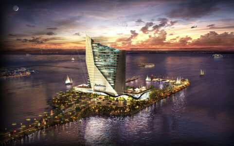 Il progetto dell'isola artificiale dell'Hôtel Radisson a Gibuti (©ATP Architects)