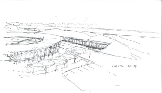 Schizzo preliminare dell’inserimento del progetto nell’area, sede Ceva a Les Dagueys - Libourne (courtesy BLP & Associés)