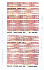 Quadro con alfabeto con dedica di Leonardo Mosso e Carla Gobetti per la mostra "Un'altra Italia nelle bandiere dei lavoratori" (1979)