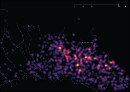 Mappa delle concentrazioni lungo il Po e i suoi affluenti. Elaborazione di Alice Morena. Dati acquisiti da Geoportale Lombardia e ADBPO Autorità di Bacino Distrettuale del Fiume Po