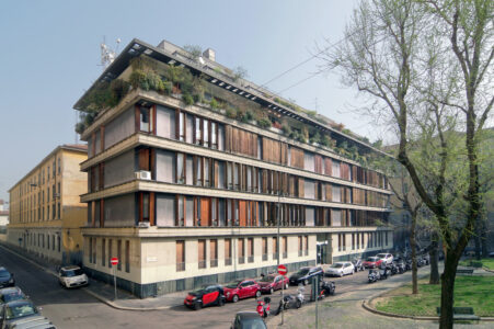 Jan Andrea Battistoni, dettaglio degli scuri in legno, Piazza Mirabello Milano