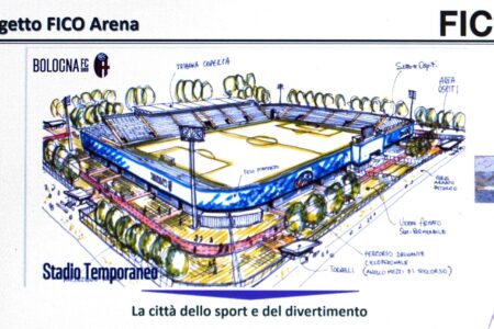 Schizzo per l’ipotesi di stadio temporaneo a Bologna, la FICO Arena
