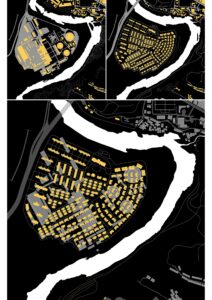 Mappa diacronica (2008-2018) di una porzione urbana di Kaili trasformata da sito produttivo industriale a quartiere residenziale lungo il waterfront lungo l'asse tra il centro città e la nuova stazione ferroviaria ad alta velocità (© Matteo Migliaccio)