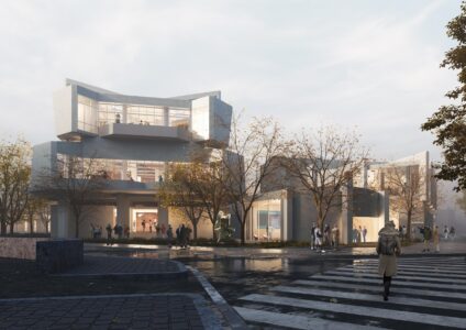 L'angolo civico dei nuovi ingressi al Centro Civico e all'Auditorium (© MVRDV)