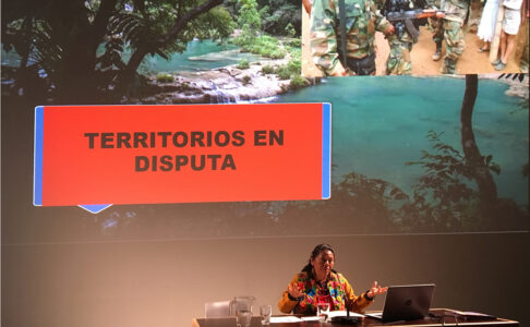 Lolita Chávez Ixcaquic, leader indigena Maya K’iche’ e attivista guatemalteca, tiene una conferenza nell'ambito del programma “Geografie e forme di potere”, Centro internazionale di cultura contemporanea Tabakalera, Donostia/San Sebastián, Paesi Baschi, Spagna, 2018